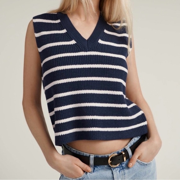 Zara Jackets & Blazers - Zara Navy and White Striped Knit V Neck Sweater Vest